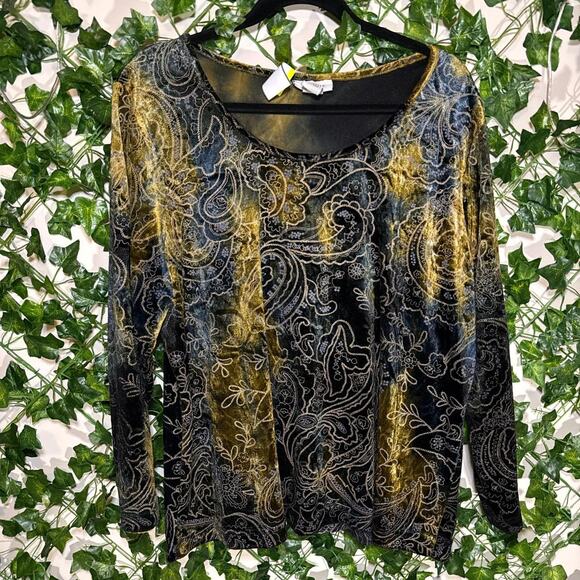 Beautiful goldish brown blue and black paisley fairy core long sleeve top - Picture 1 of 4
